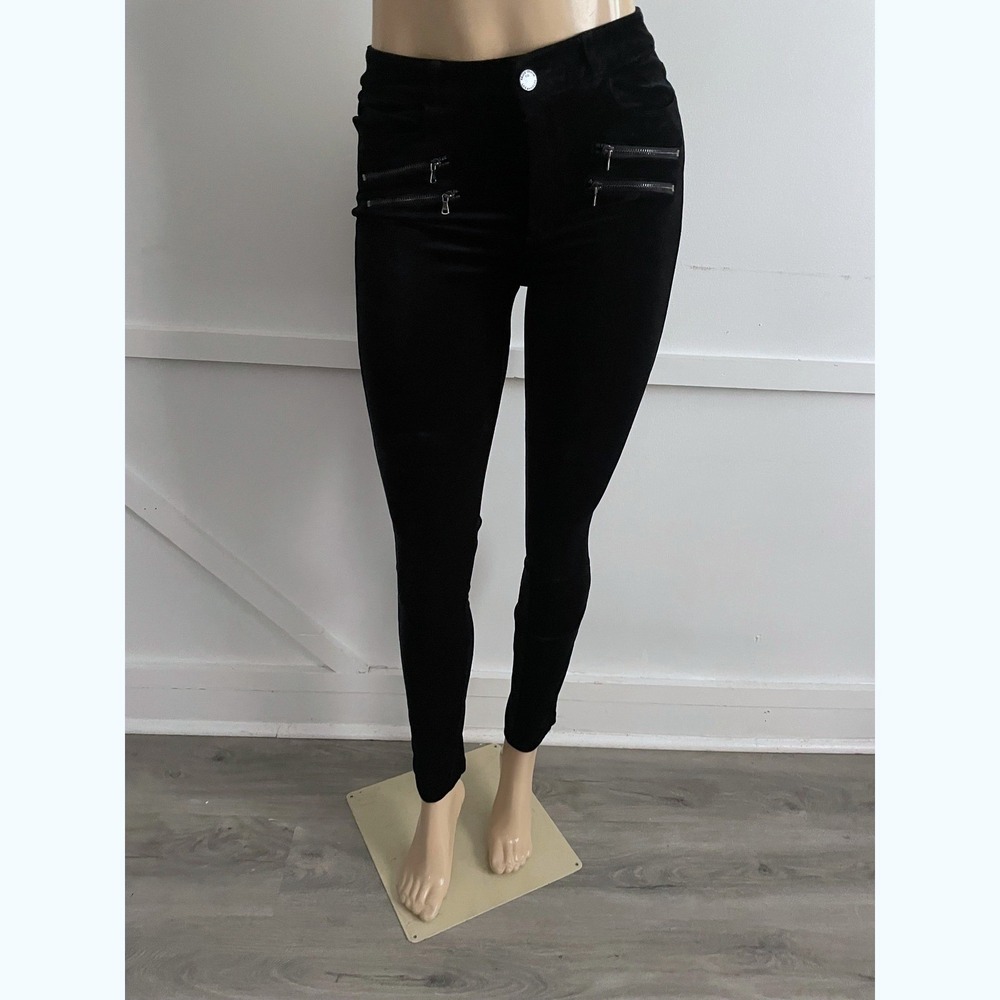 Paige Black Velvet Skinny Moto Pants High Rise Edgemount Zipper Detail 28